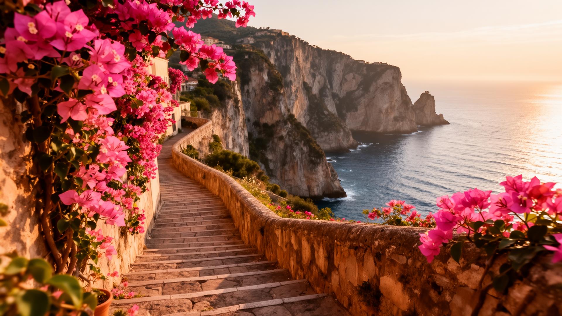 Italian coastal stairway draped in bougainvillea